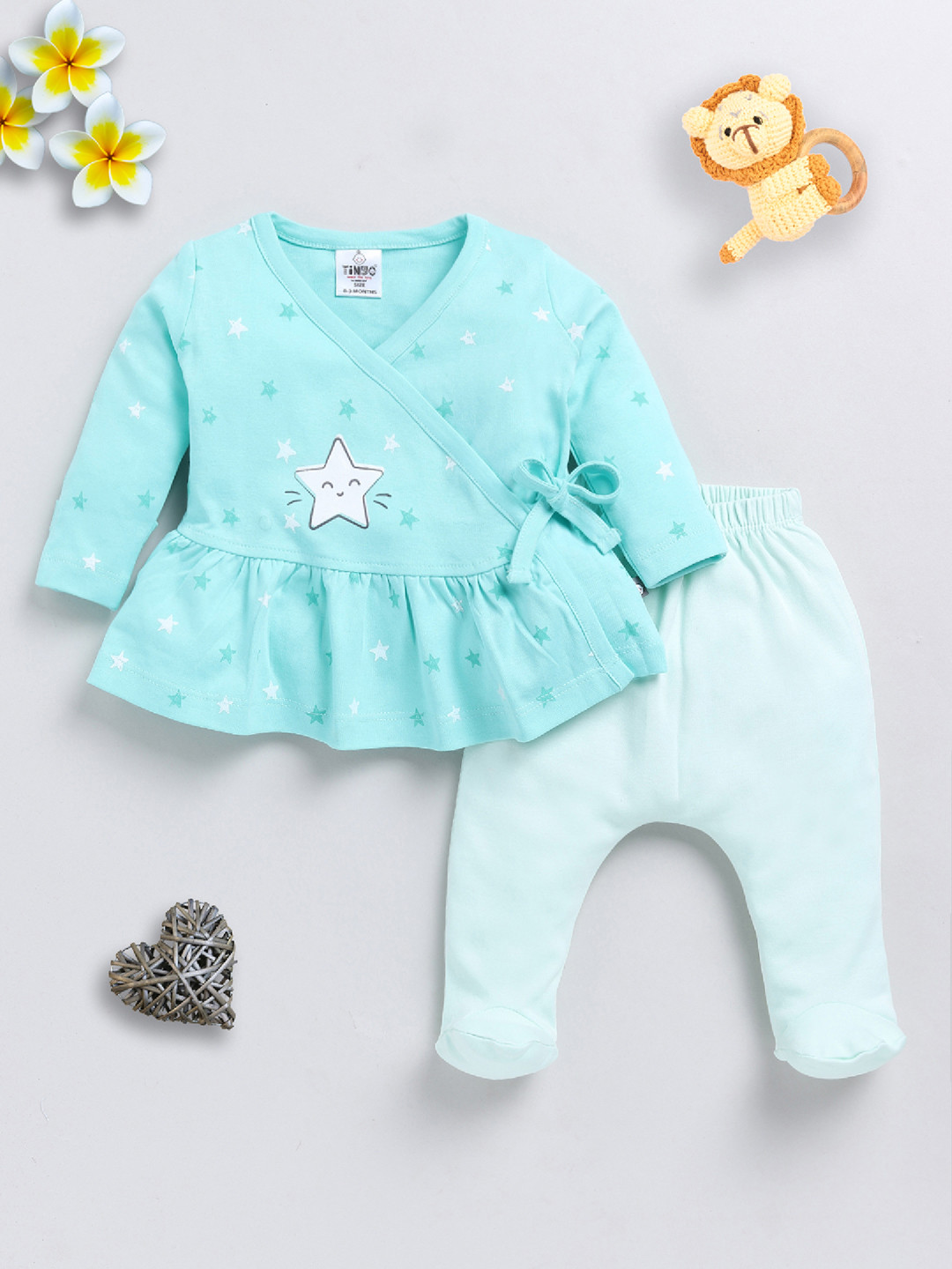 YK X Tinyo Infants Girls Printed Cotton Wrap Top with Diaper Pants