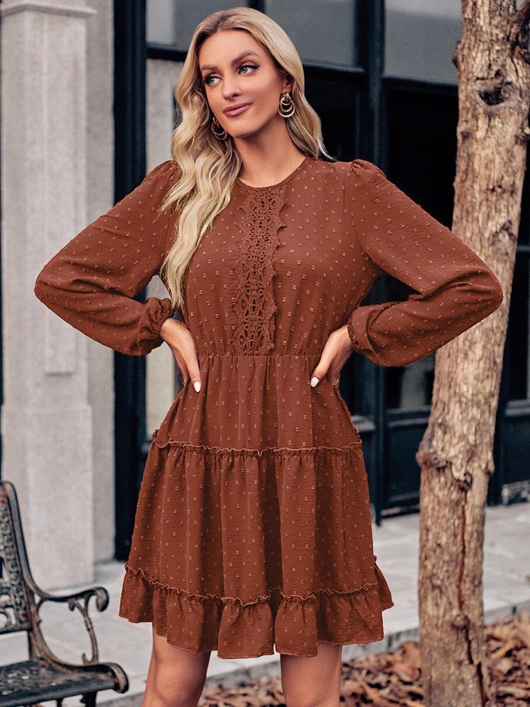StyleCast Brown Self Design Puff Sleeves Casual Fit & Flare Dress