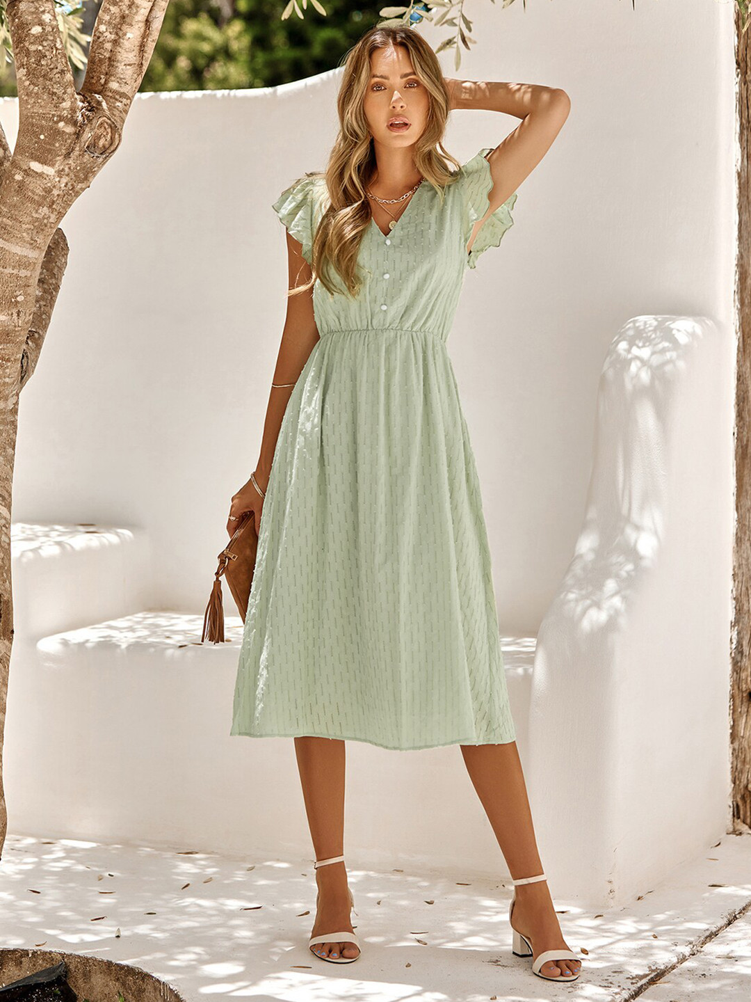 Mint Green Striped Flutter Sleeves A-Line Dress