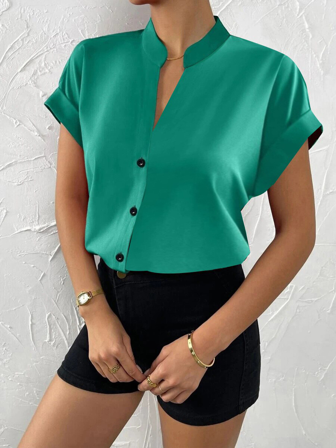 StyleCast Mandarin Collar Extended Sleeves Shirt Style Top