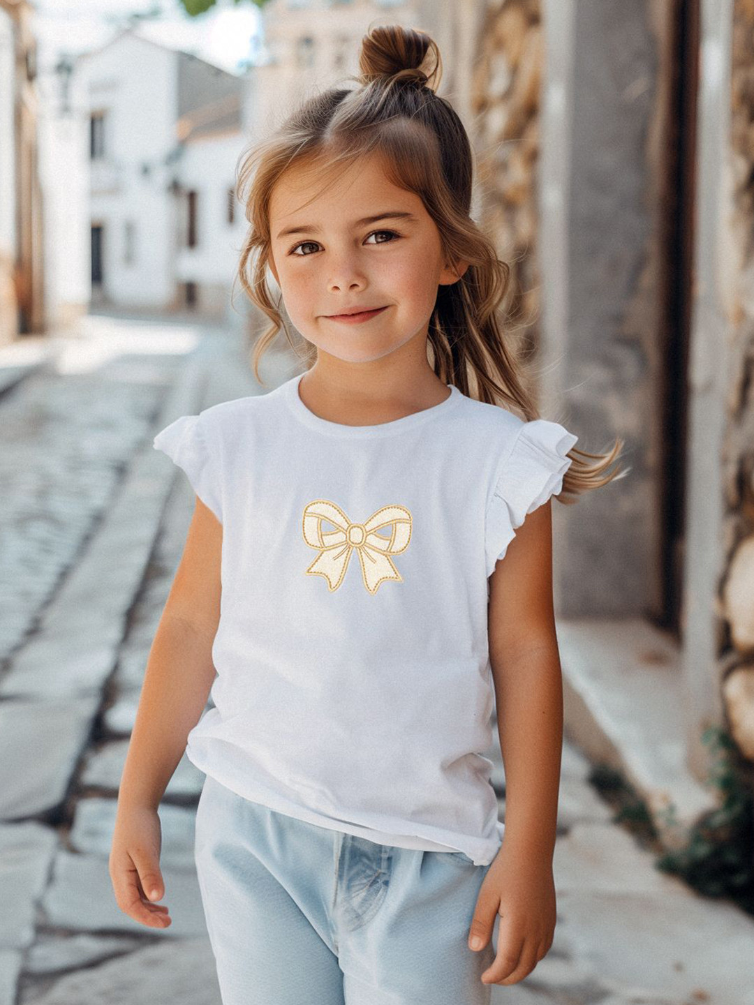 Trendyol Girls Graphic Bow Embroidered Round Neck Cotton Top