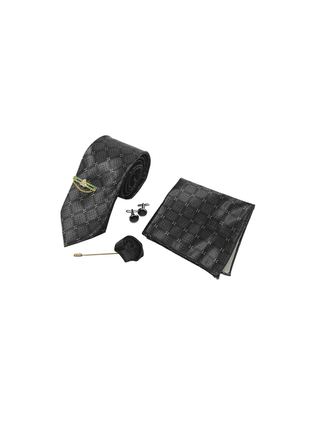 RARE COMBEE GROUP Men Printed Silk Neck Tie Pocket Square & Rose Pin Accessory Gift Set