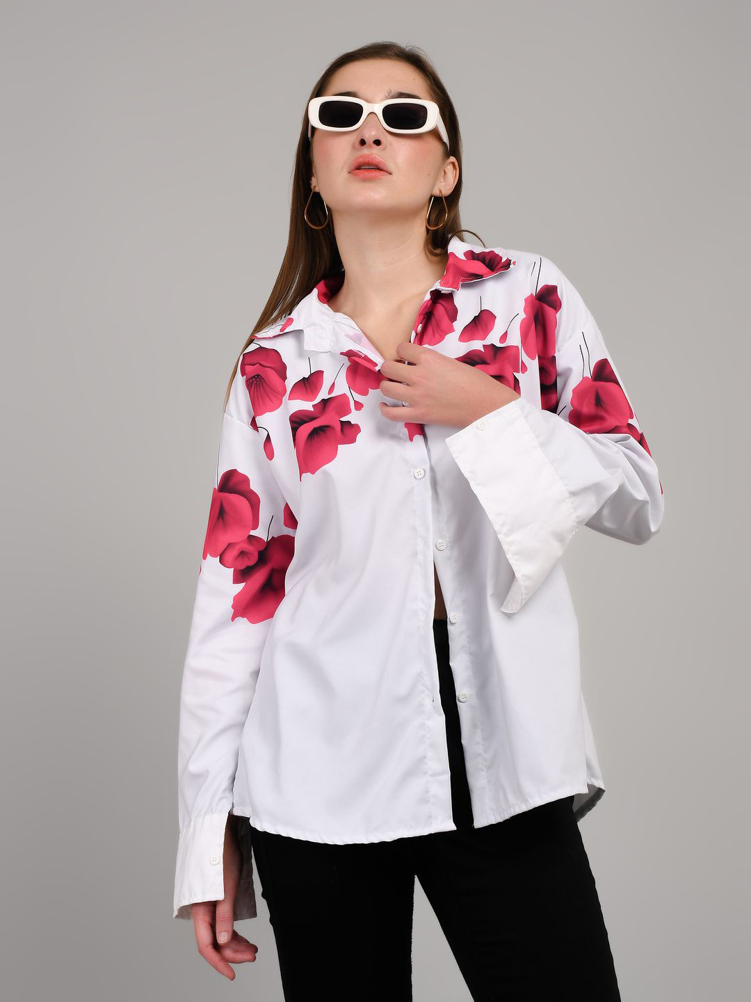MAYKR Women Plus Size Floral Printed Spread Collar Cotton Casual Shirt
