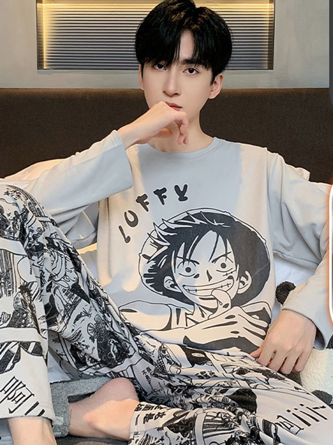 StyleCast Grey & Black Printed Long Sleeve T-Shirt With Trousers Night Suit