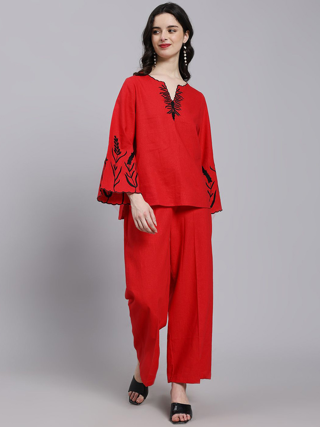 WoowZerz Embroidered Linen  Top With Palazzo Co-Ords