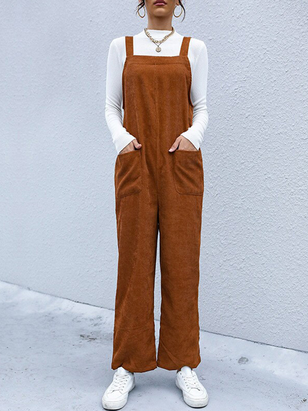 StyleCast Brown Shoulder Strap Corduroy Basic Jumpsuit