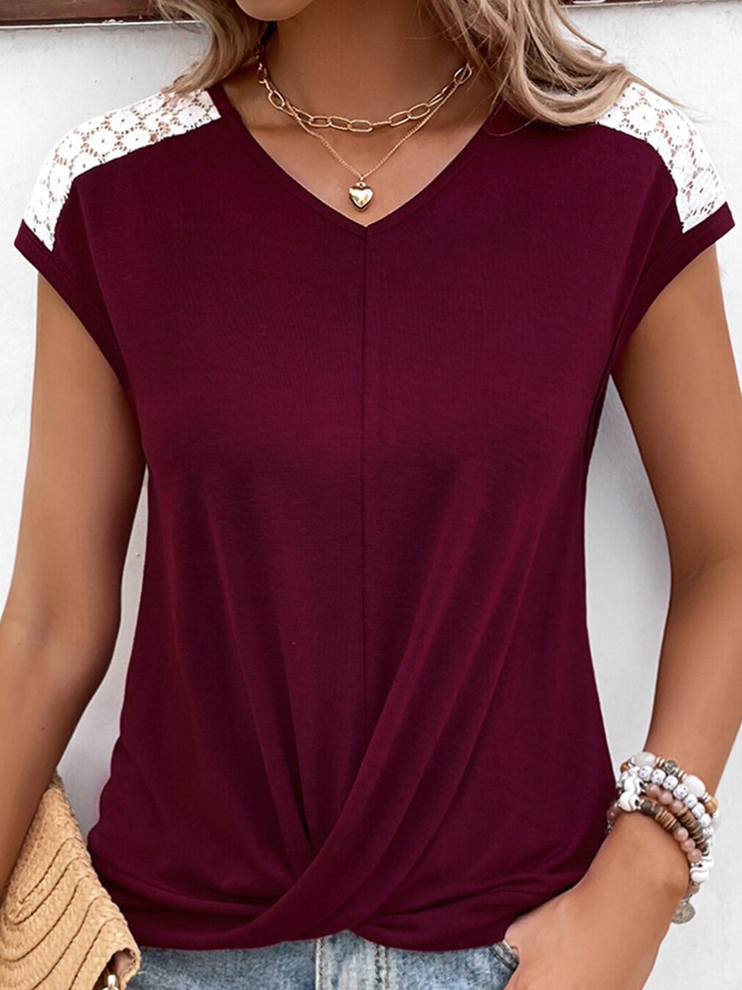 StyleCast x Revolte Maroon Extended Sleeves Twisted V-neck Laced Top
