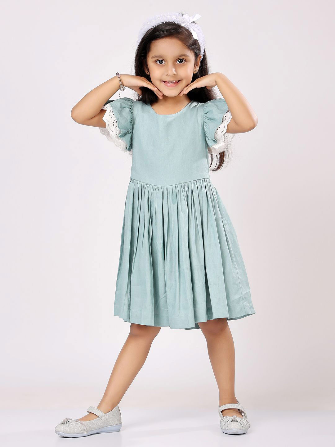 Piccolo Piglet Girls Flutter Sleeve Cotton Fit & Flare Dress