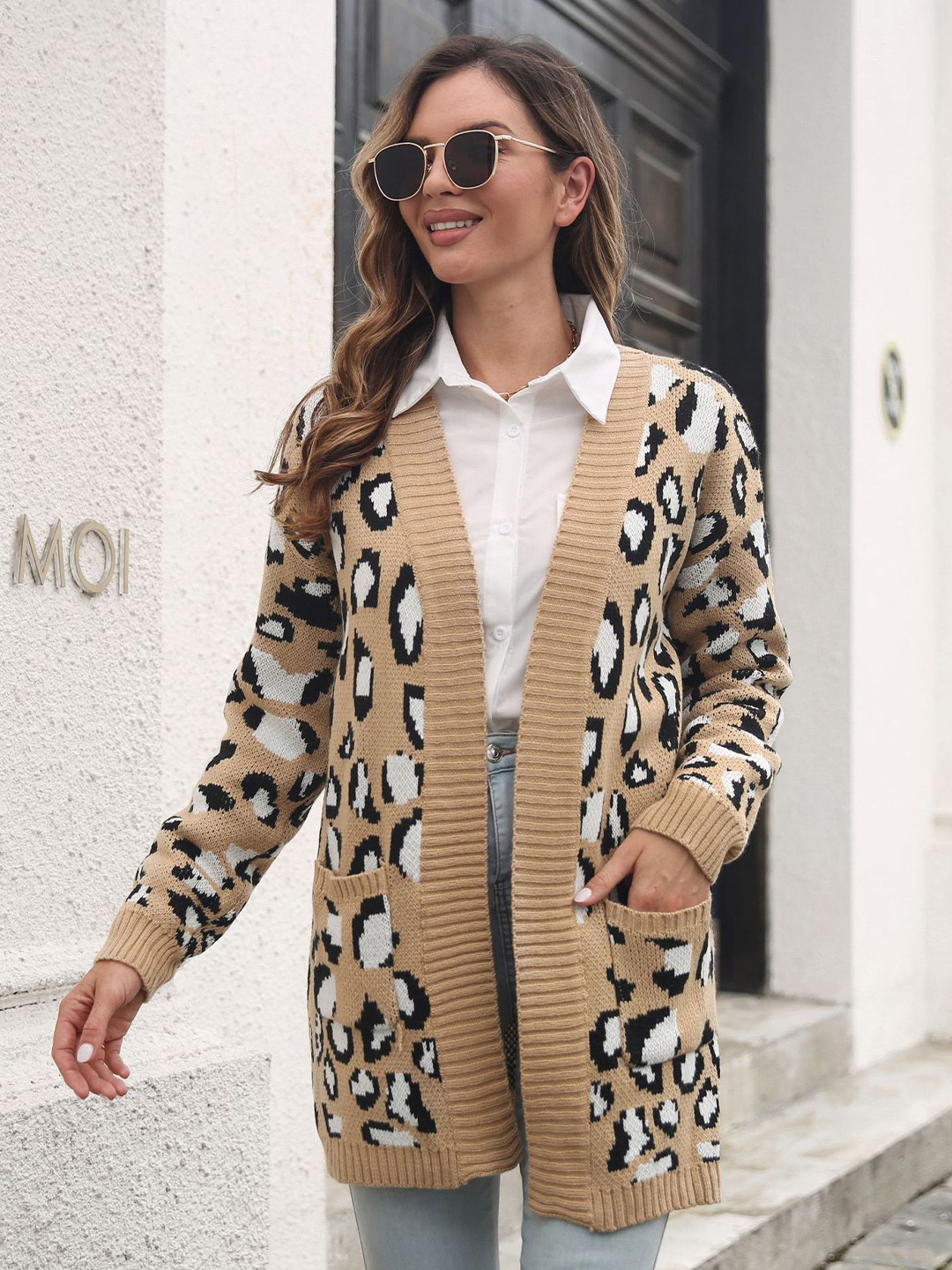 StyleCast Women Beige Animal Printed Longline Sweater