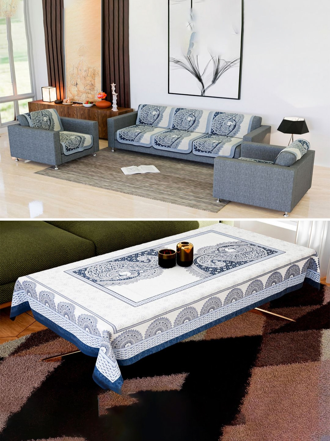 Myntra Elegant Homes 10 Pcs Blue & White Printed Sofa Covers With Center Table Cover