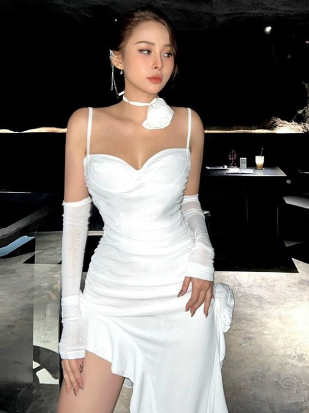 StyleCast White Shoulder Straps Gathered Bodycon Dress