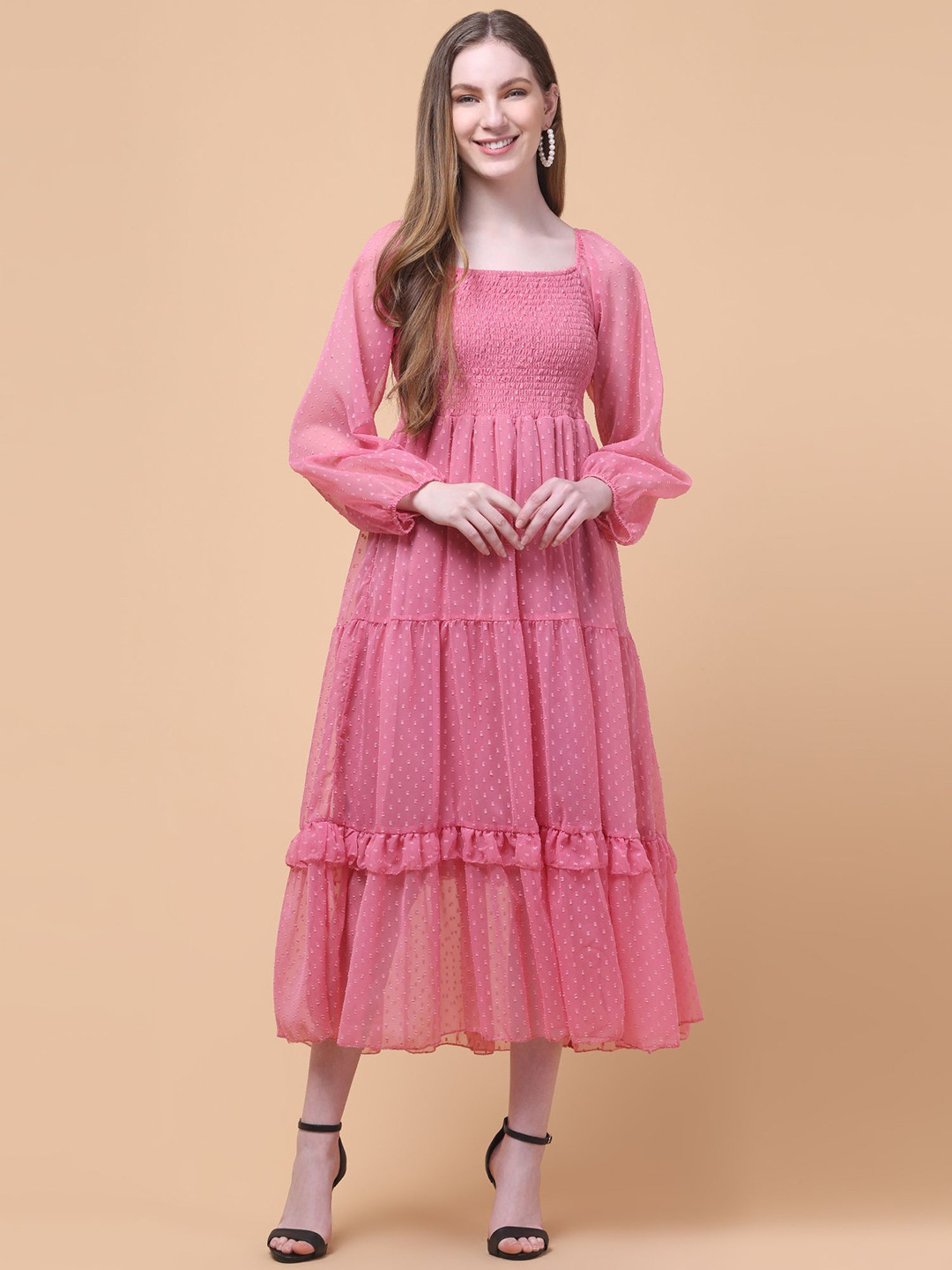 Charitra Women Puff Sleeve Georgette Fit & Flare Midi Dress