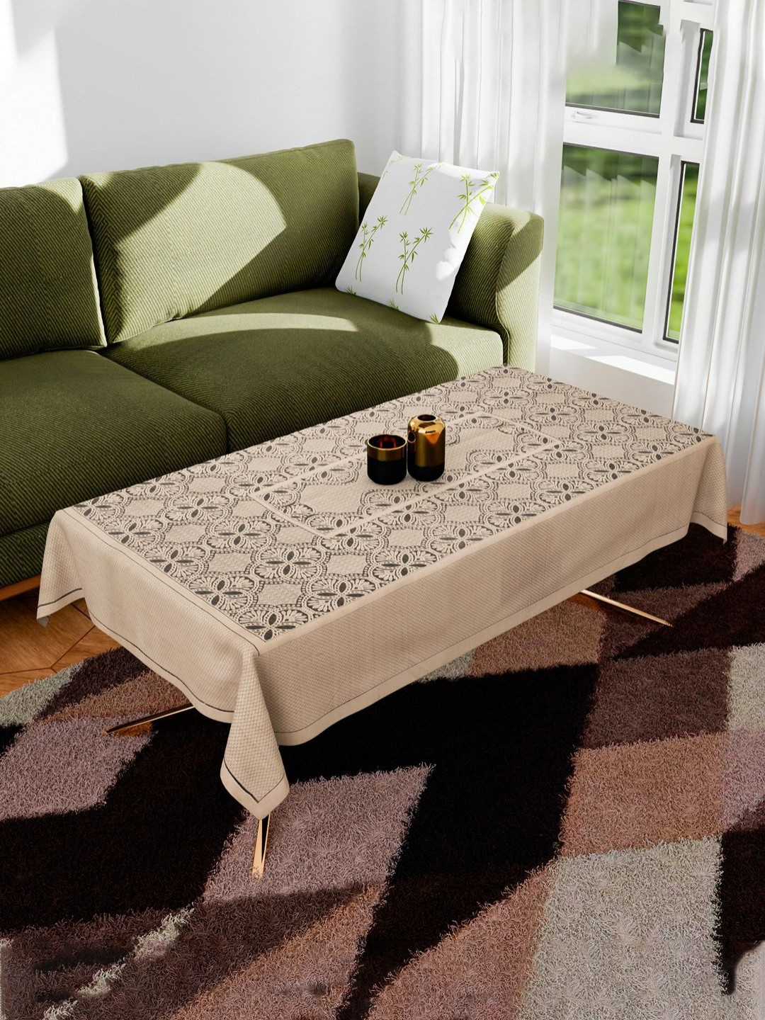 Myntra Elegant Homes Beige & Black Floral Self Design Cotton 4-Seater Centre Table Cover