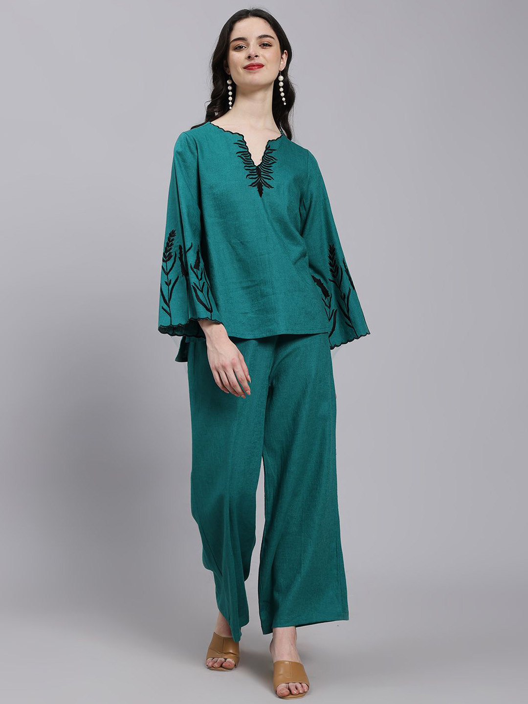 WoowZerz Embroidered Linen Top With Palazzo Co-Ords