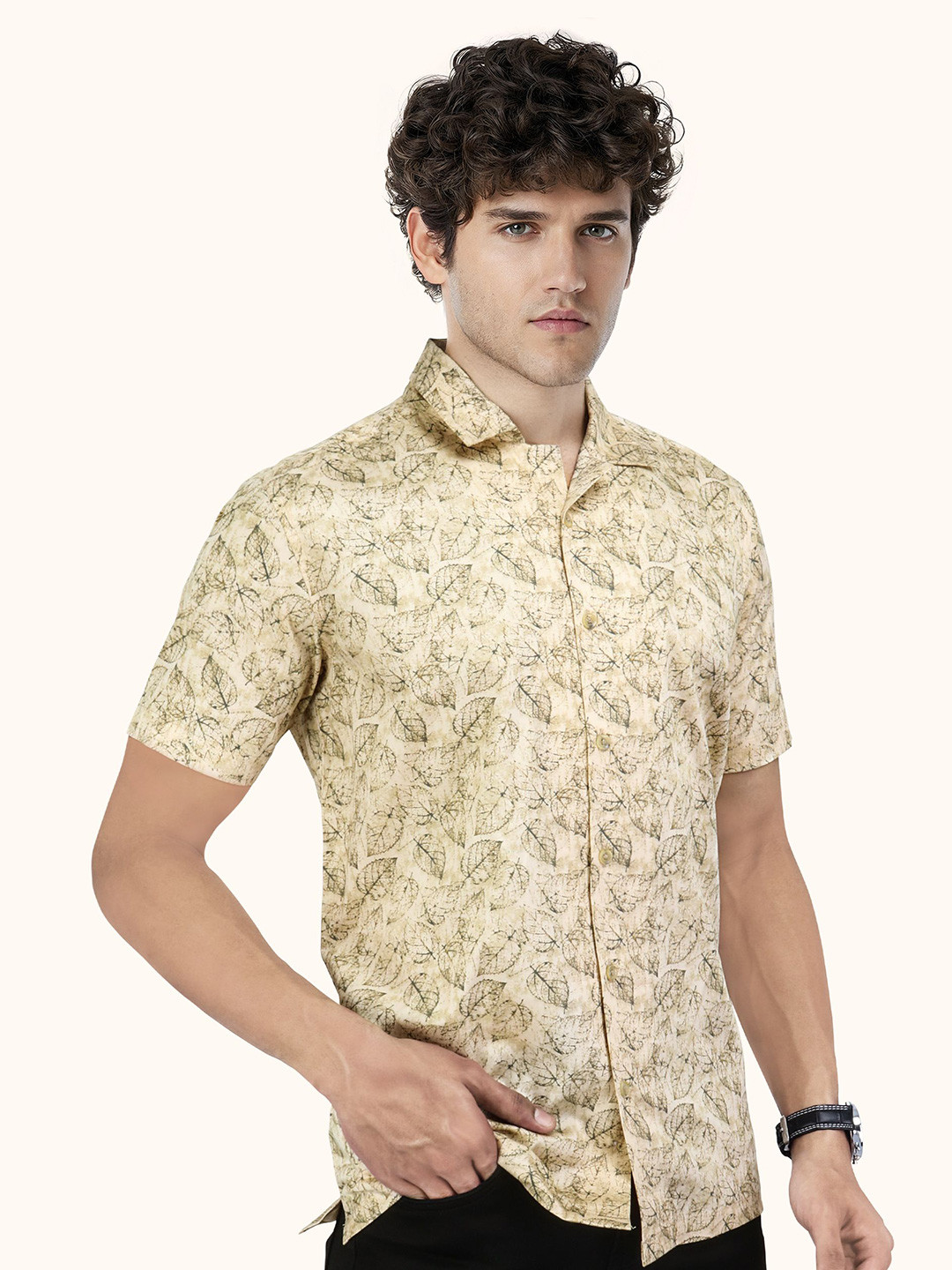 ROUGHELLS Men Slim Fit Floral Printed Cuban Collar Cotton Casual Shirt