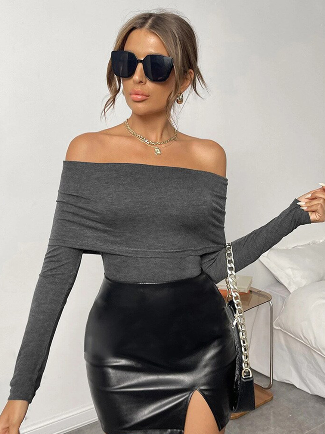 StyleCast Grey Off-Shoulder Long Sleeves Bardot Top