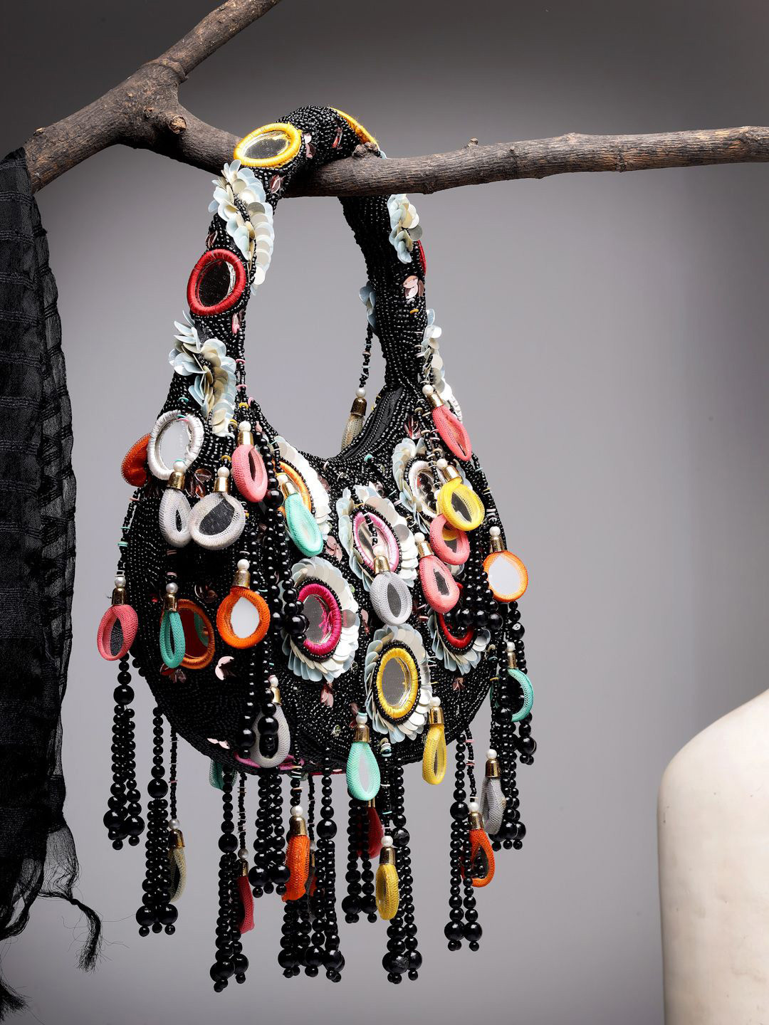 Anekaant Tipify Black & Multi Mirror Work Embellished Velvet Purse