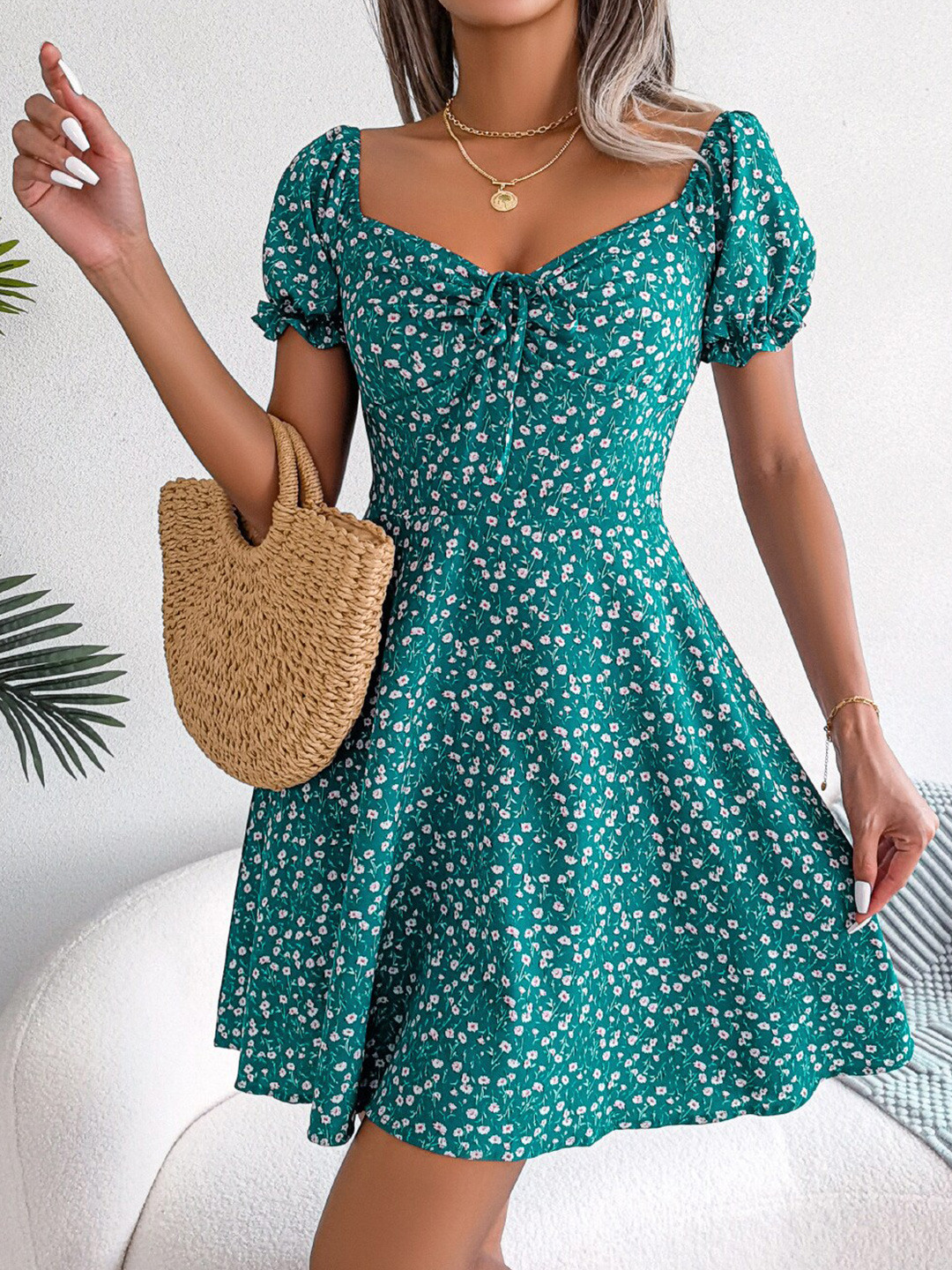 StyleCast Green Floral Printed Sweetheart Neck Puff Sleeve Chiffon Fit & Flare Dress