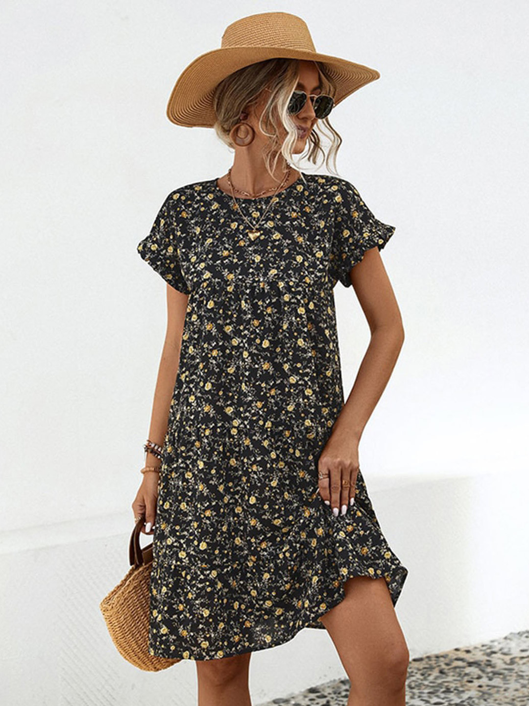 StyleCast x Revolte Black Floral Flutter Sleeve Knee Length Dress