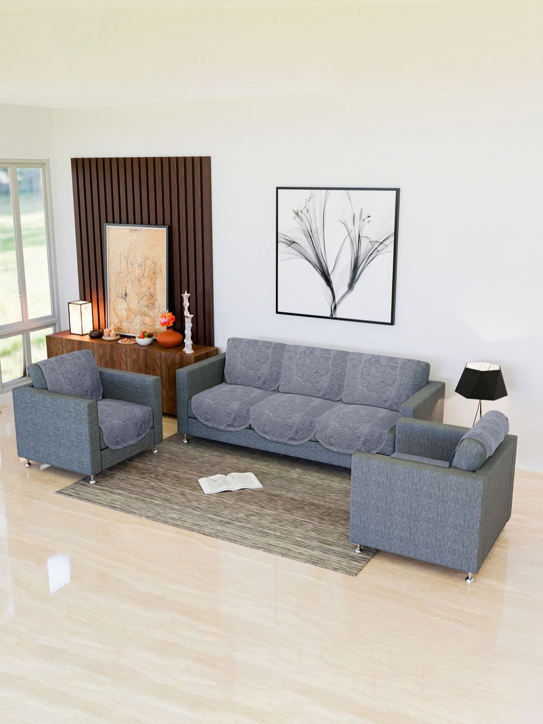 Myntra Elegant Homes Grey 10 Pieces Self Design Cotton Sofa Cover