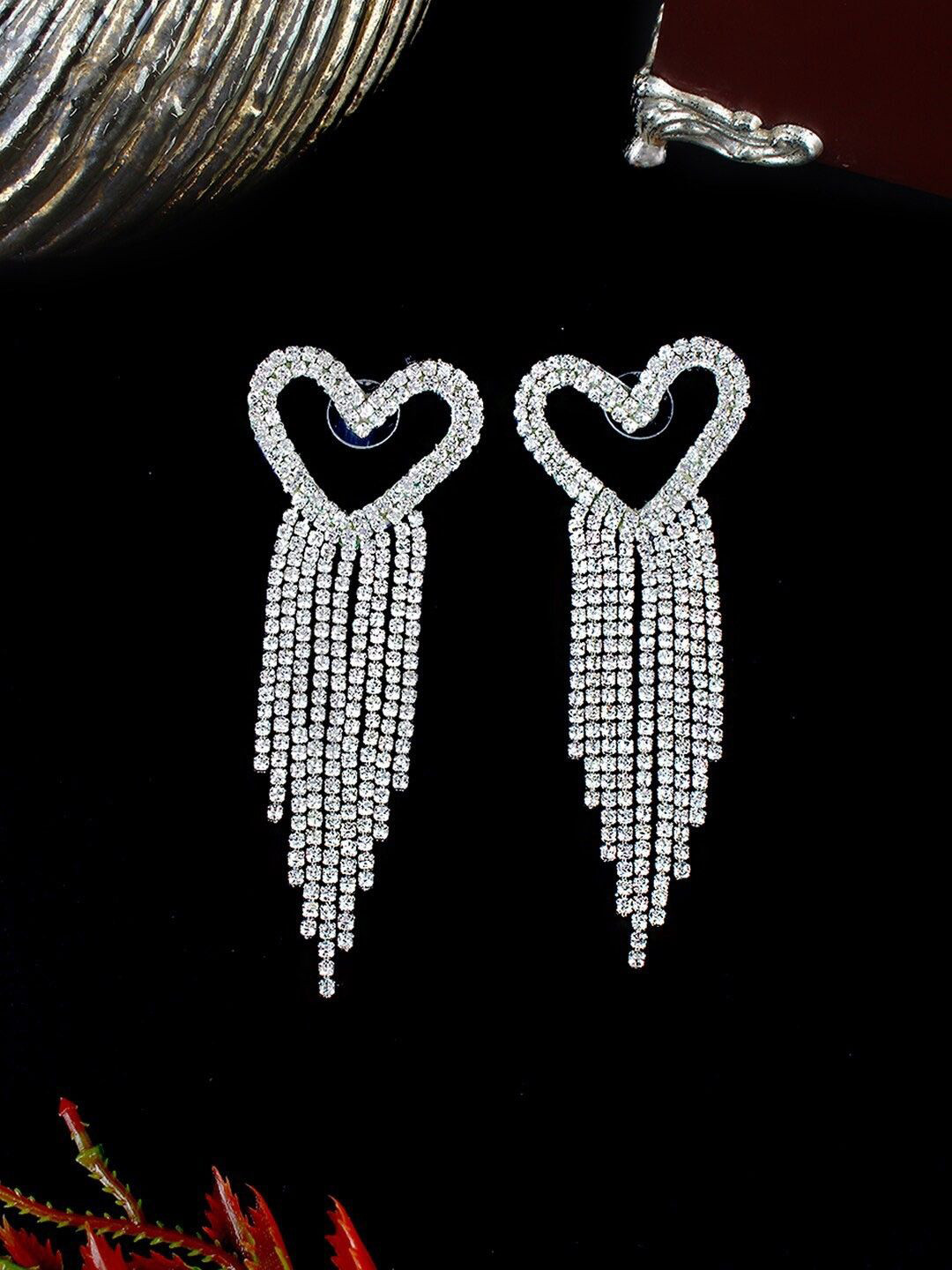 KPOP Silver-Plated Heart Shaped Rhinestone Tasselled Drop Earrings