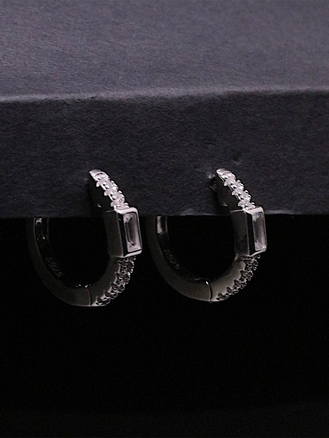 Silver by HM 925 Sterling Silver Rhodium-Plated CZ  Studded Contemporary Hoop Earrings