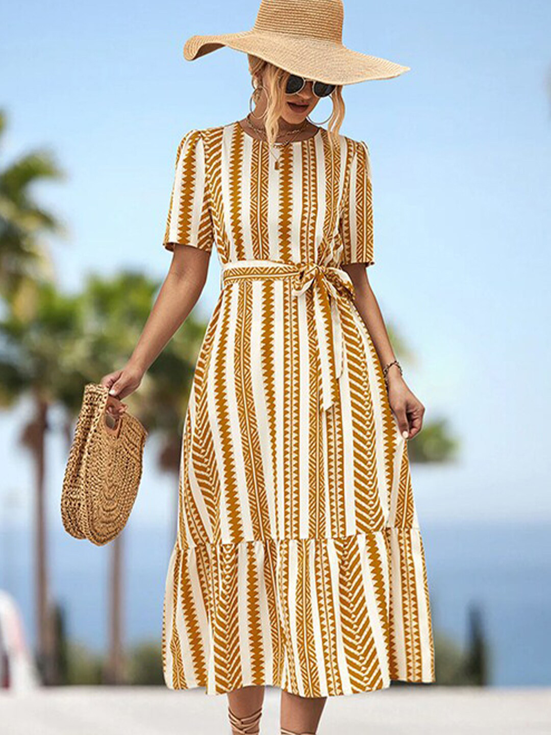 StyleCast x Revolte yellow Round Neck Striped A-Line Dress