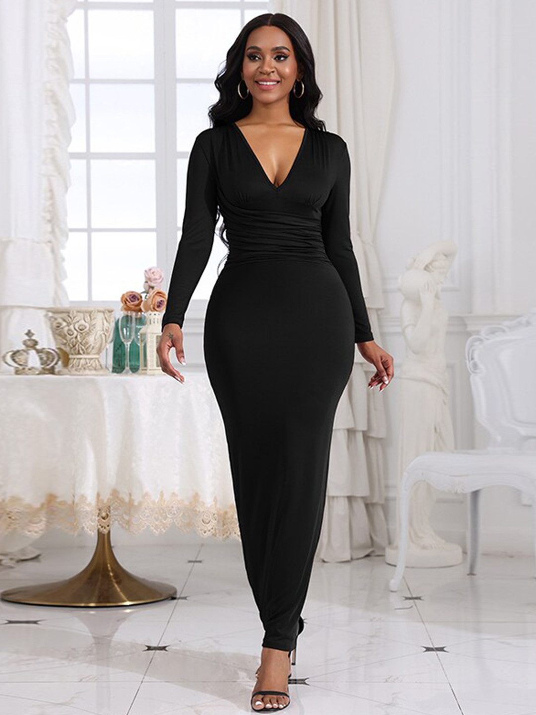 StyleCast Black V-Neck Long Sleeves Bodycon Maxi Dress