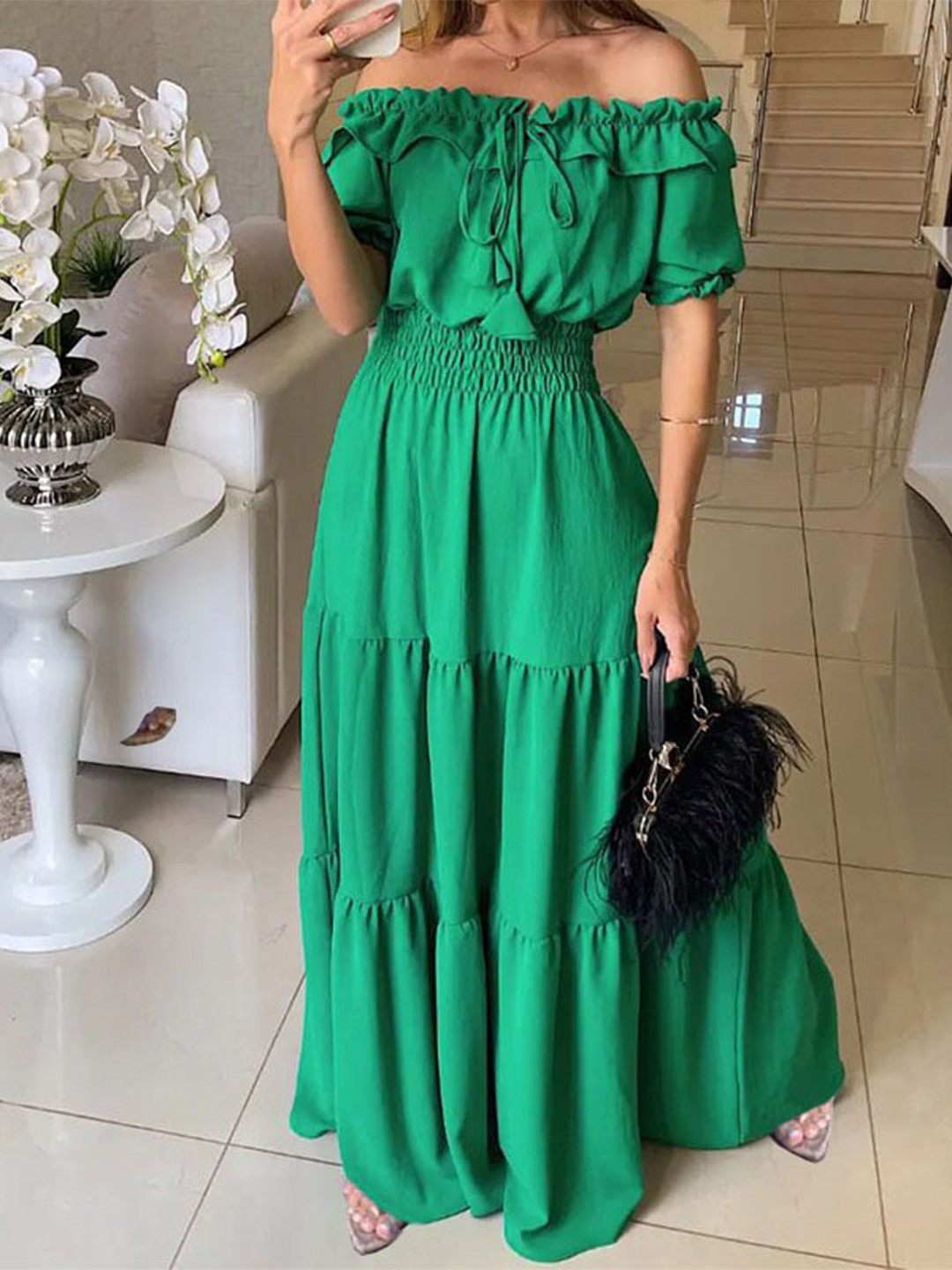 StyleCast Green Off-Shoulder Puff Sleeve Maxi Dress