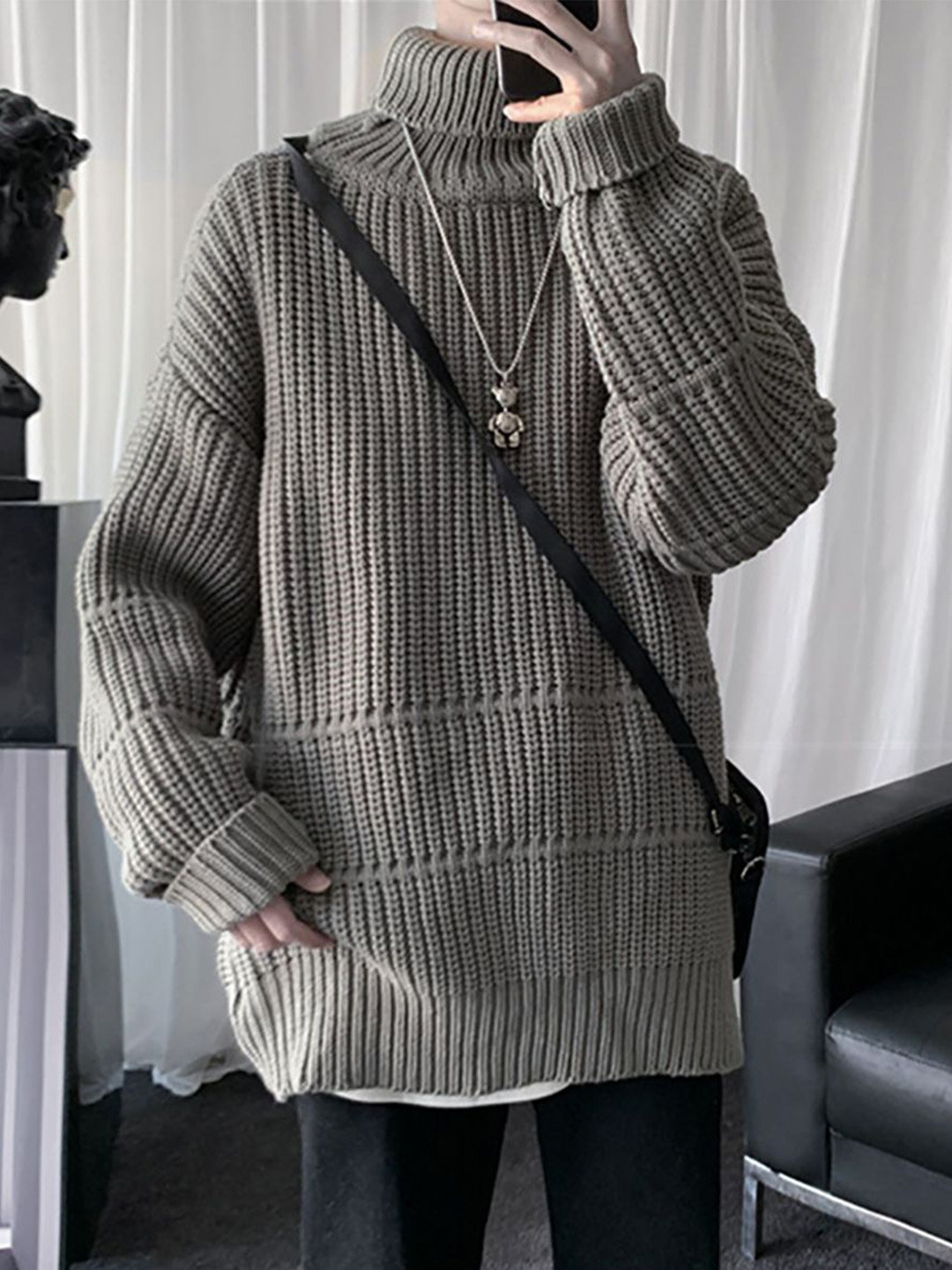StyleCast x Revolte Men Ribbed Self Design Turtle Neck Pullover Ribbed Sweater