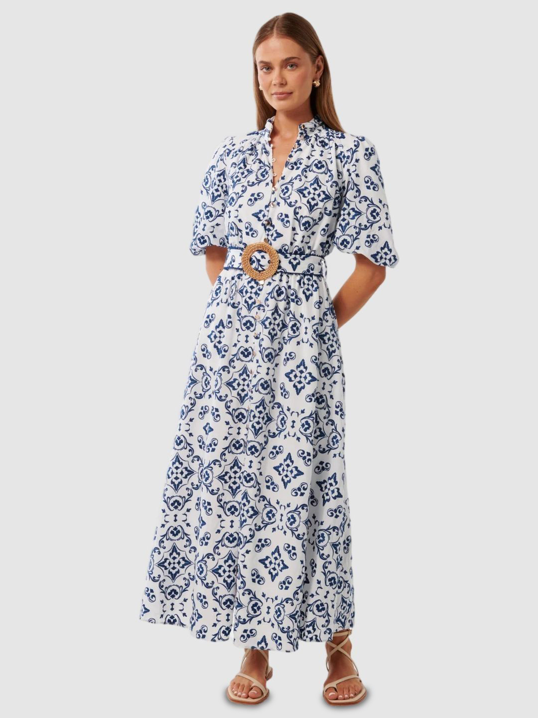 Forever New Ethnic Motifs Printed Puff Sleeve A-Line Midi Dress