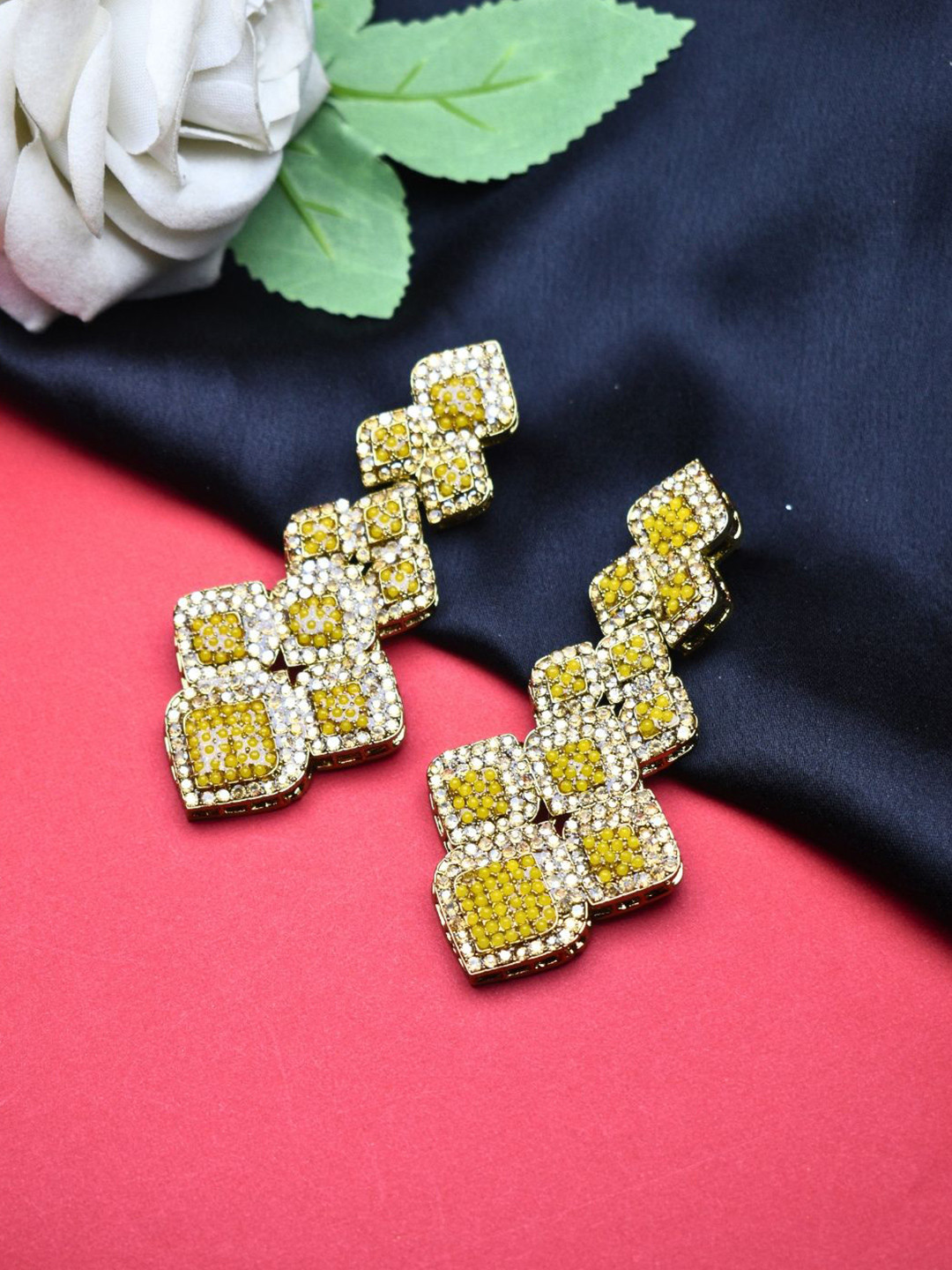 J & C Fashion Arena Gold-Plated Kundan Studded Diamond Shaped Drop Earrings