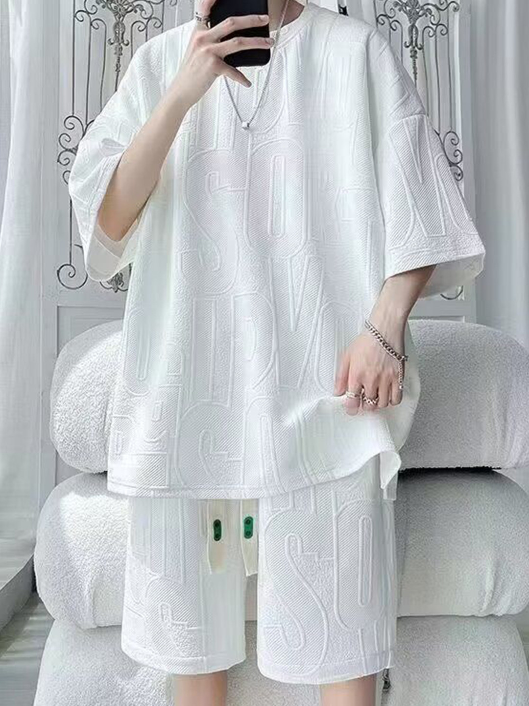 StyleCast White Typography Self-Design T-shirt With Shorts