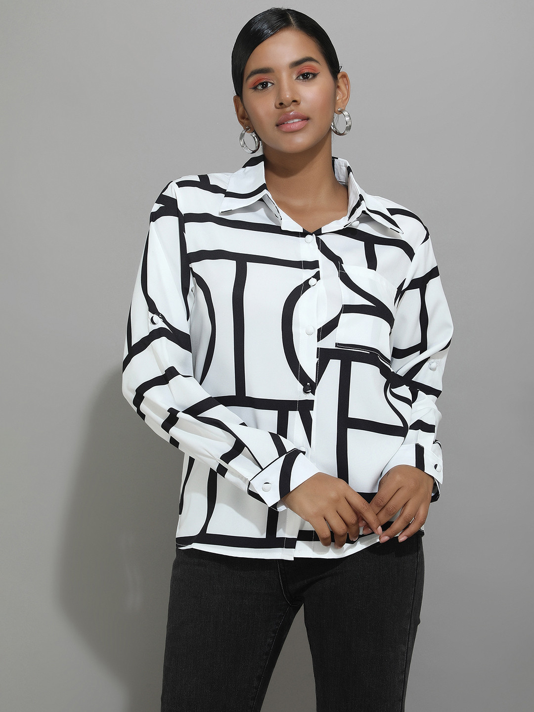 LULU & SKY Geometric Printed Spread Collar Shirt