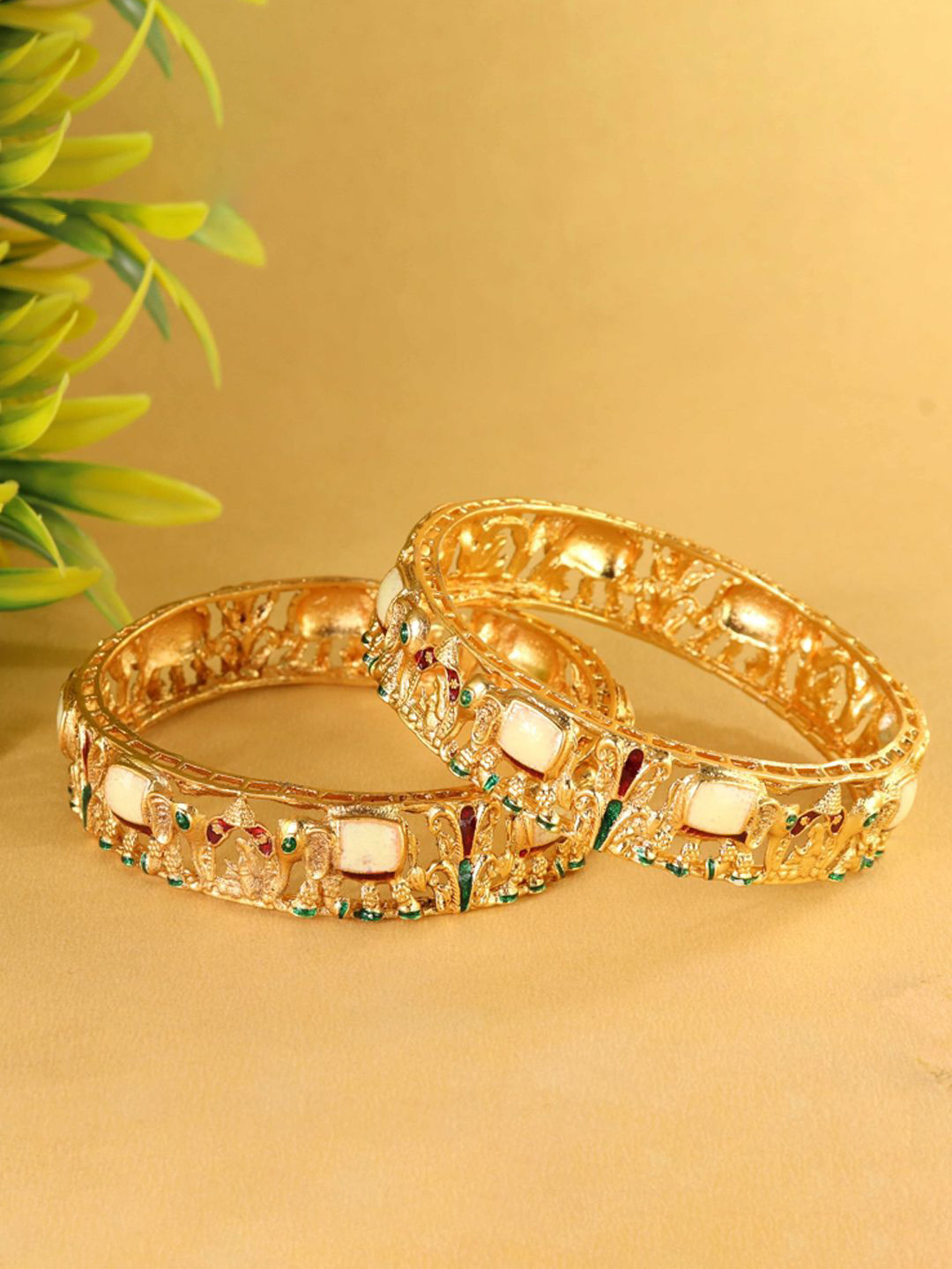 LAVAZZA Set Of 2 Crystal Studded Elephant & Palki Design Bangles