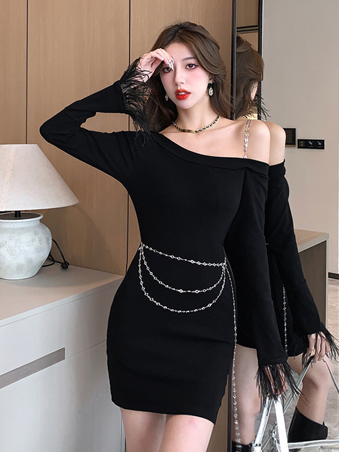 LULU & SKY Off-Shoulder Fringed Sheath Mini Dress