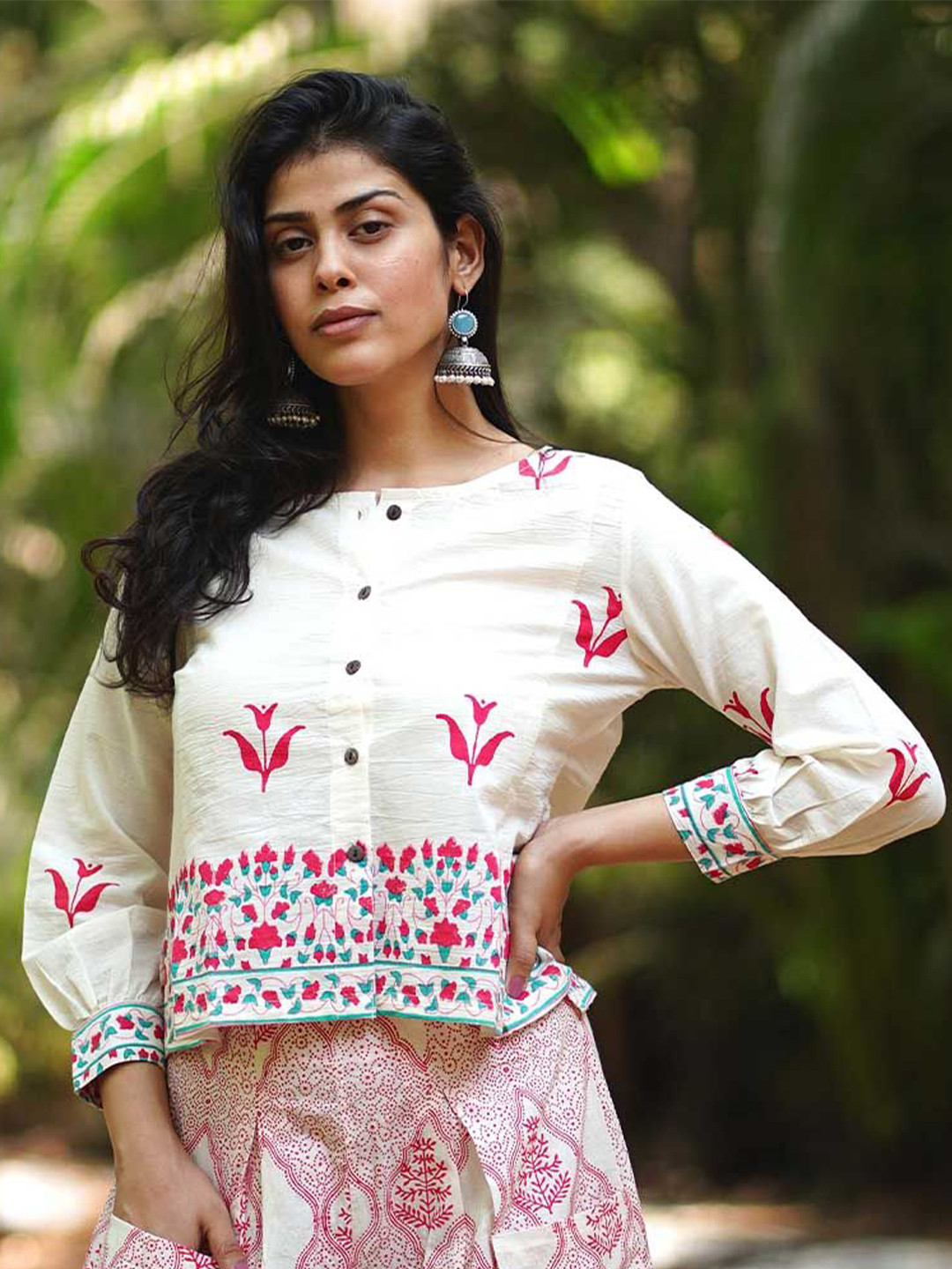 Chidiyaa MMG Iris Innocence Ivory Block Printed Pure Cotton Round Neck Saree Blouse