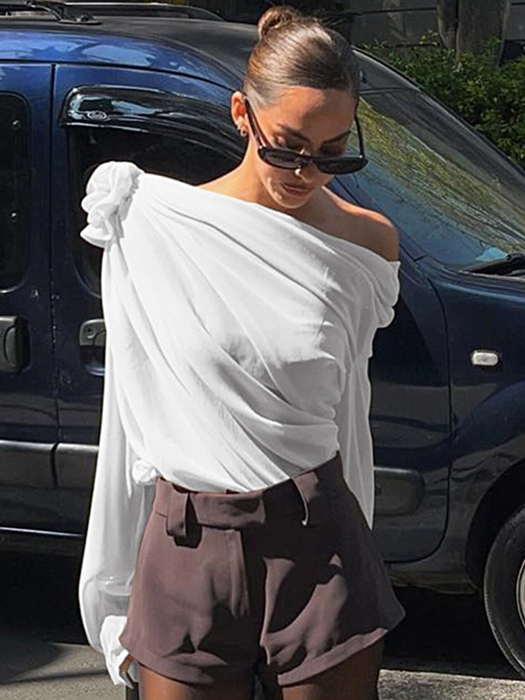 LULU & SKY Slanted Neck Pleated Blouson Top