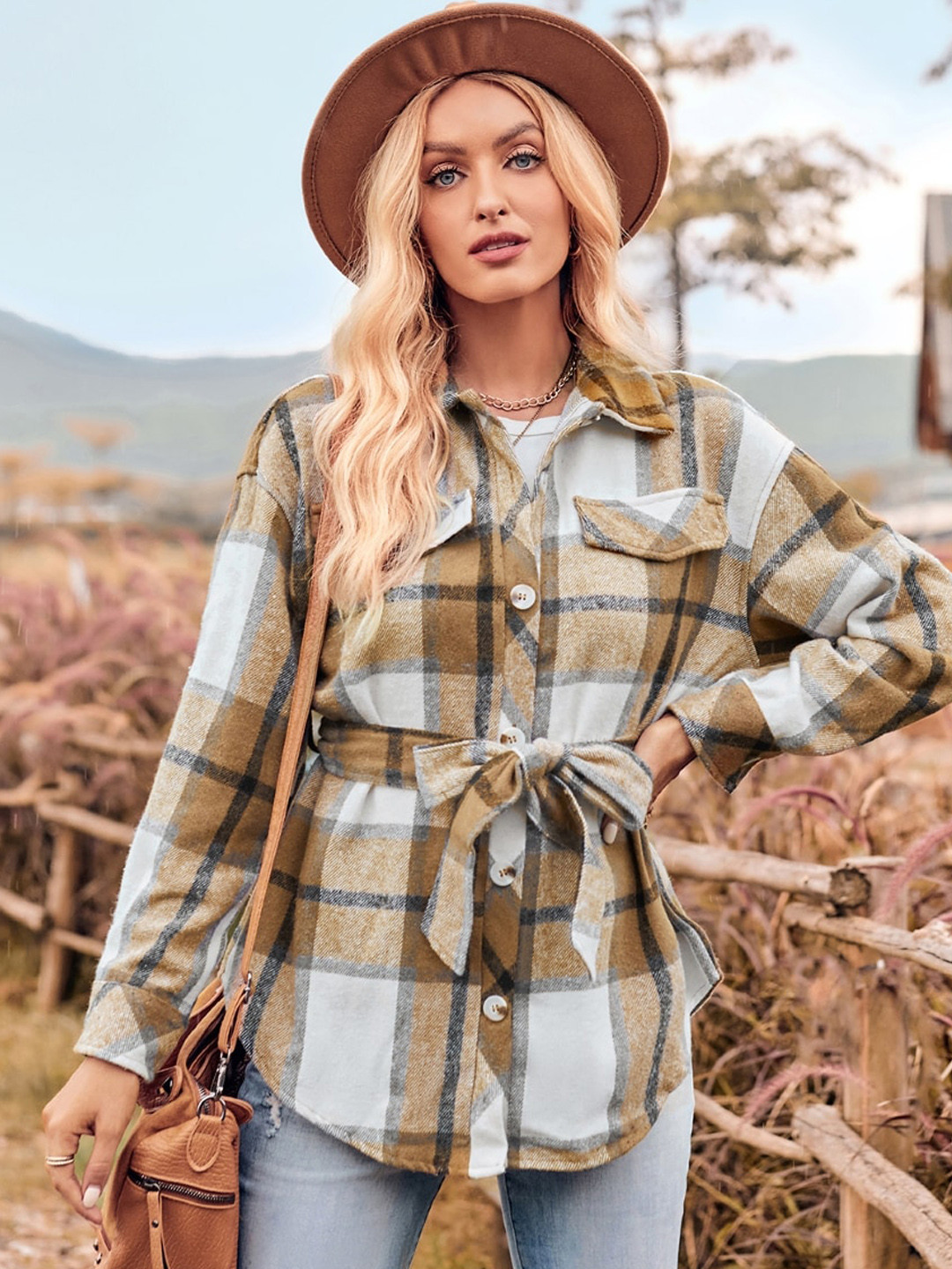 StyleCast Khaki & White Checked Spread Collar Longline Shacket