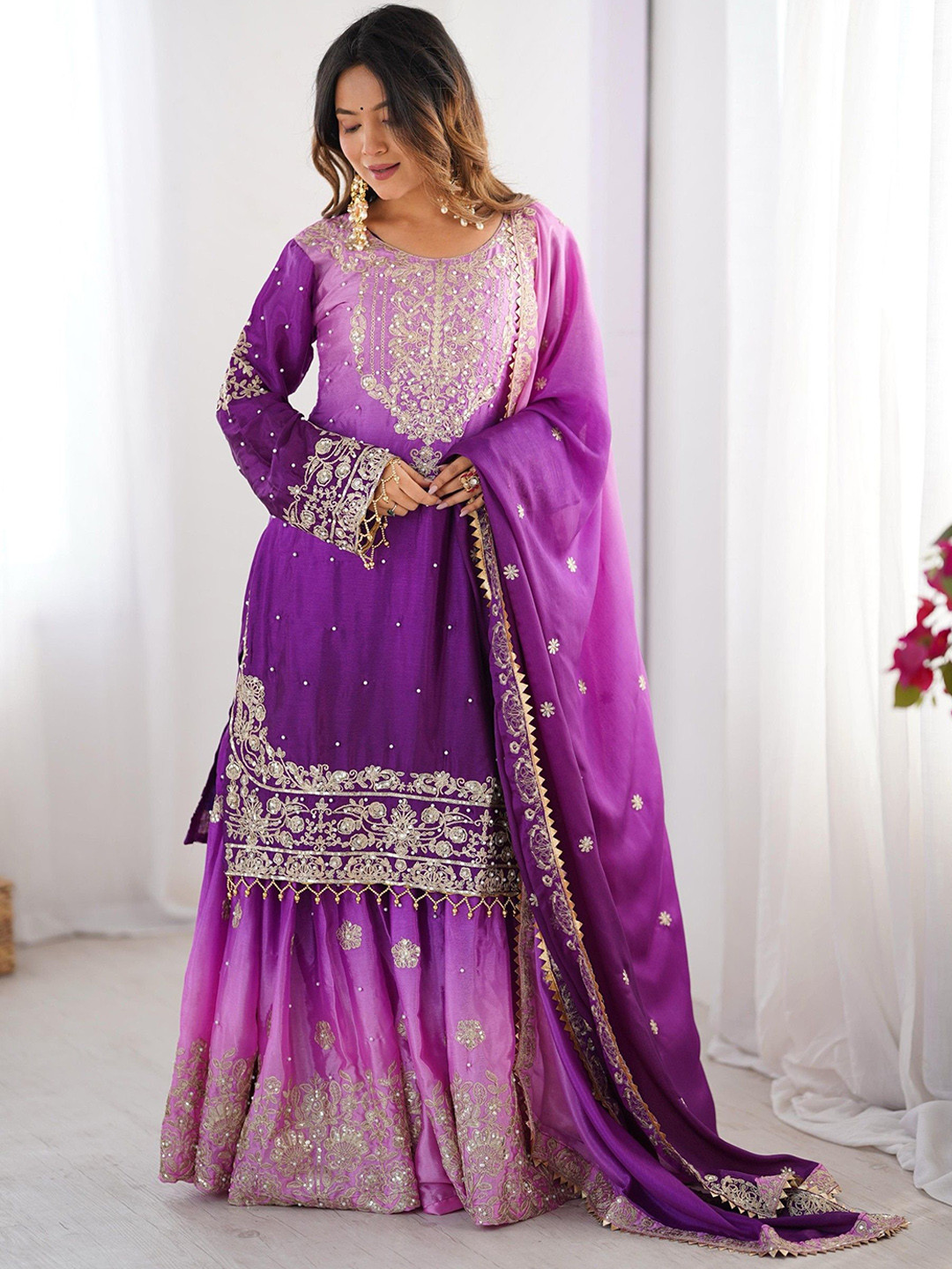 LeeliPeeri Designer Floral Embroidered Round Neck Straight Kurta & Sharara With Dupatta