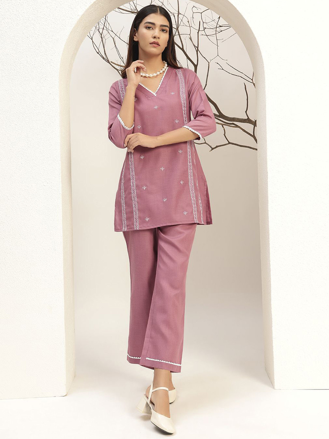 Bani Women Purple Color V-Neck Casual Tunic With Trouser Co-Ords Set