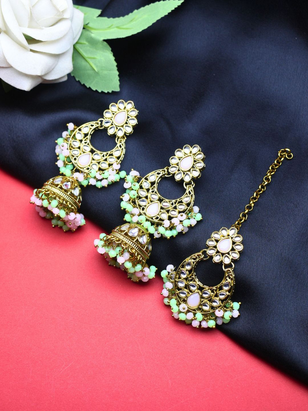 J & C Fashion Arena Gold-Plated Artificial Stones Studded & Beaded Jewellery Set
