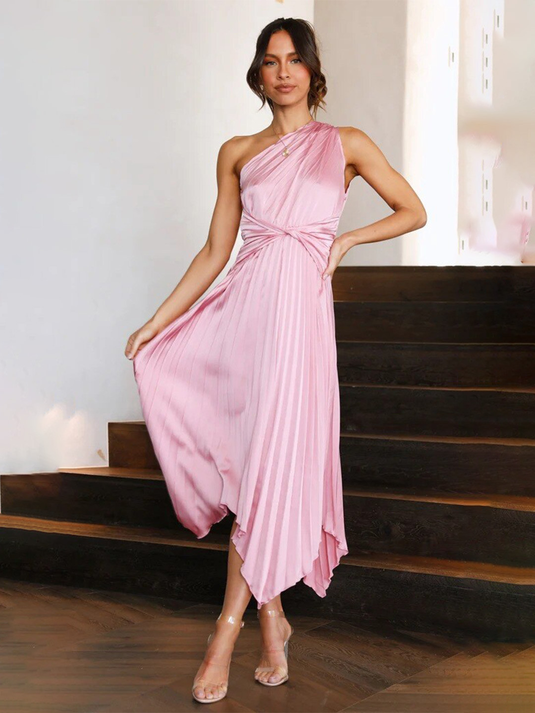 StyleCast Pink Accordion Pleated One Shoulder Maxi Cotton Dress