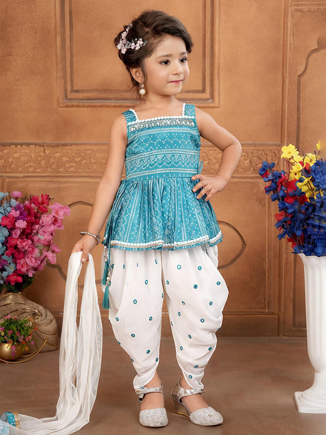 PINK LEAF Girls Ethnic Motifs Printed Square Neck Empire Kurta Dhoti Pants & Dupatta