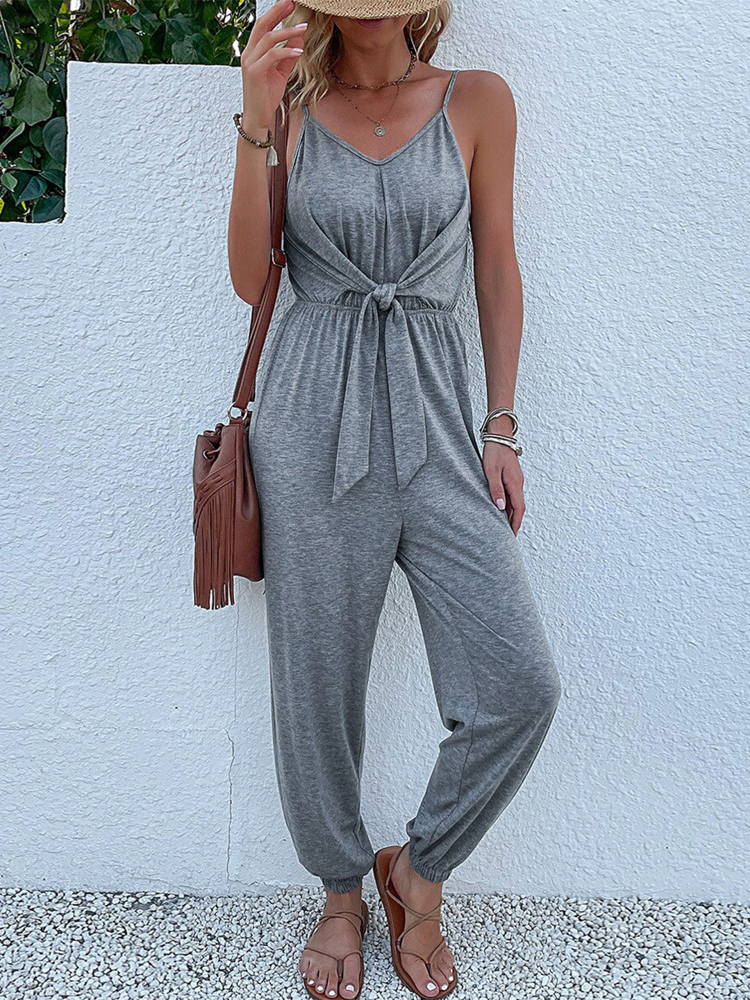 StyleCast Grey Shoulder Strap Waist Tie-Ups Basic Jumpsuit
