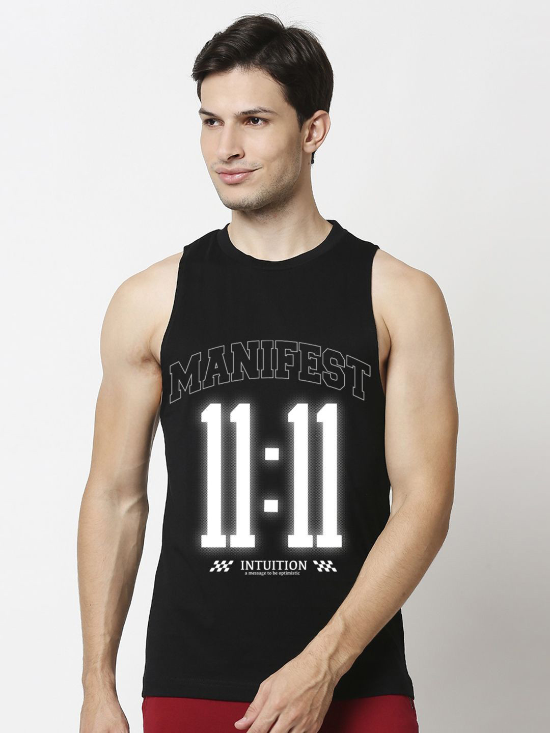 Bewakoof Men's Printed Jet Black Manifest Typography Oversized Cotton Vest