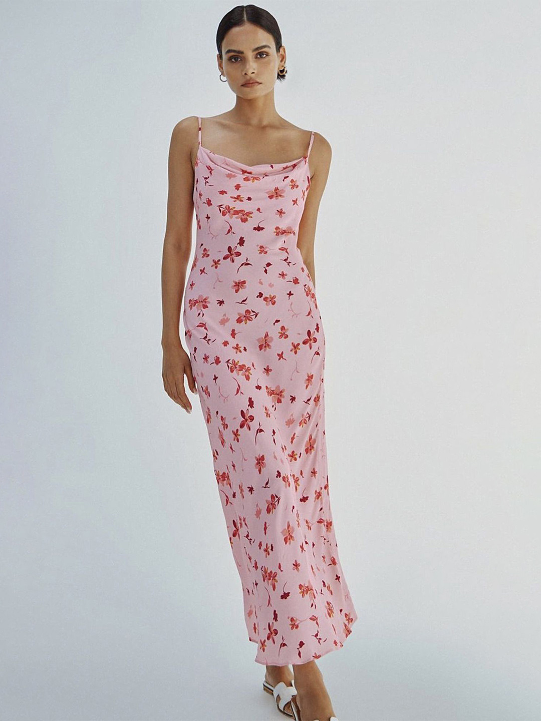 LULU & SKY Pink Floral Printed Cowl Neck Sleeveless Maxi Dress