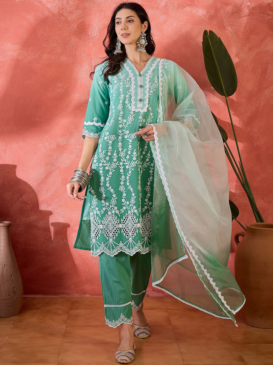 Sangria Women Floral Embroidered Cotton Kurta with Trousers & Dupatta