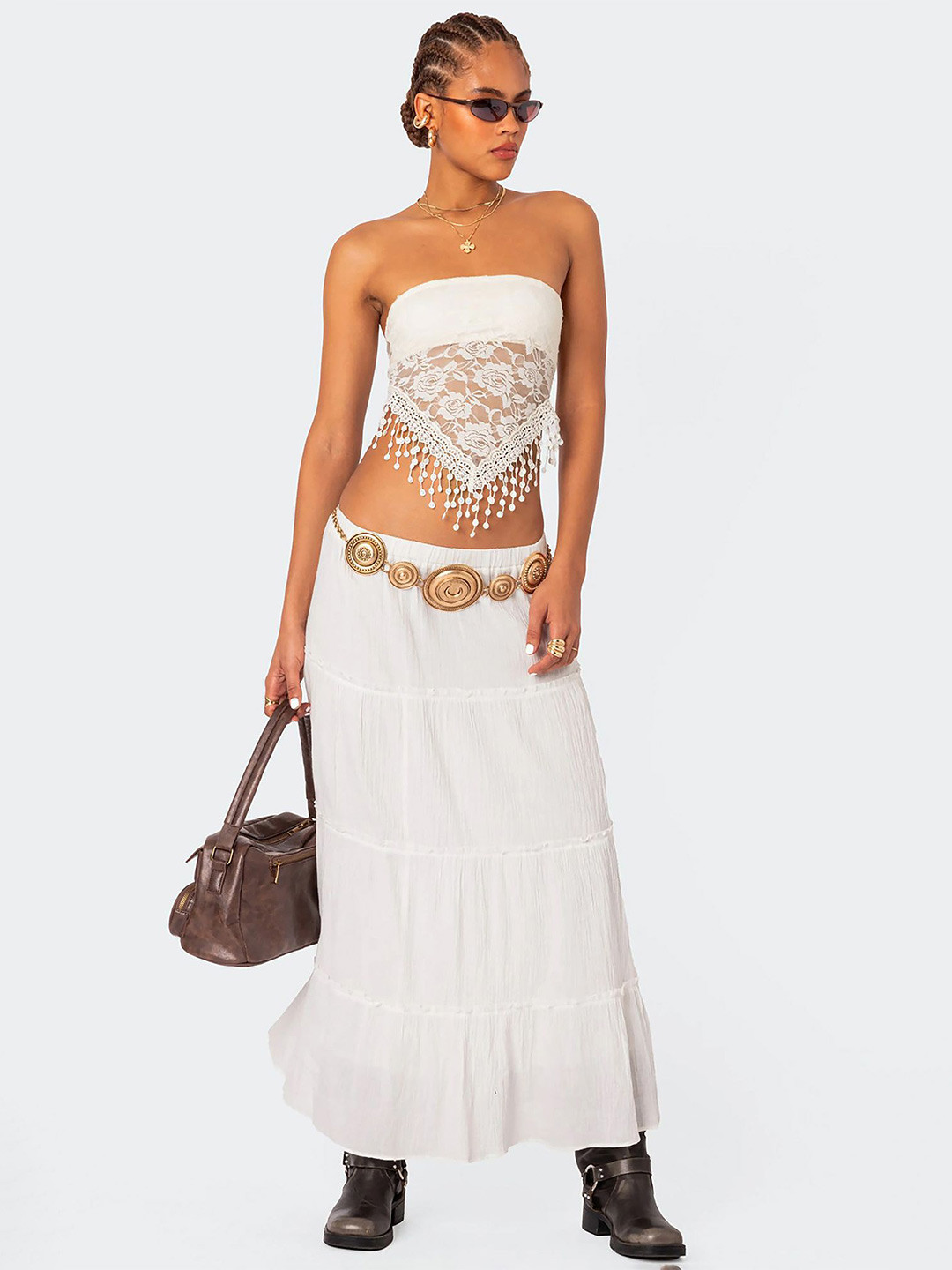 LULU & SKY Self Design Lace Up Sheer Tube Top