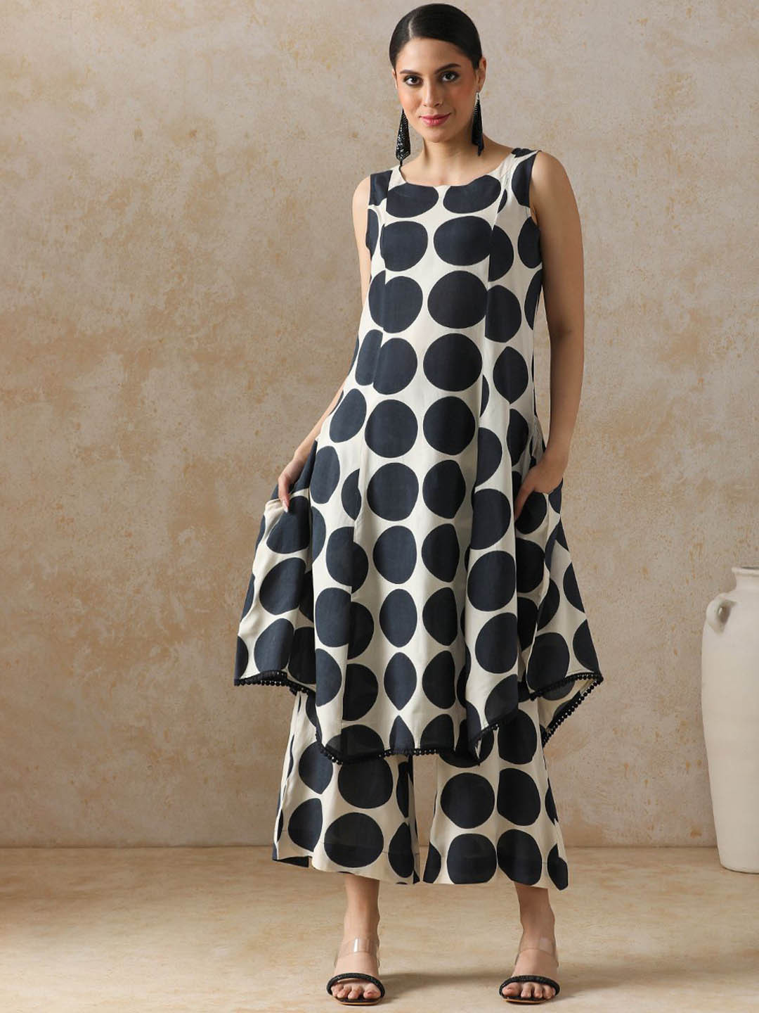 Moara Polka Dot Printed Boat Neck A Line Kurta With Palazzos